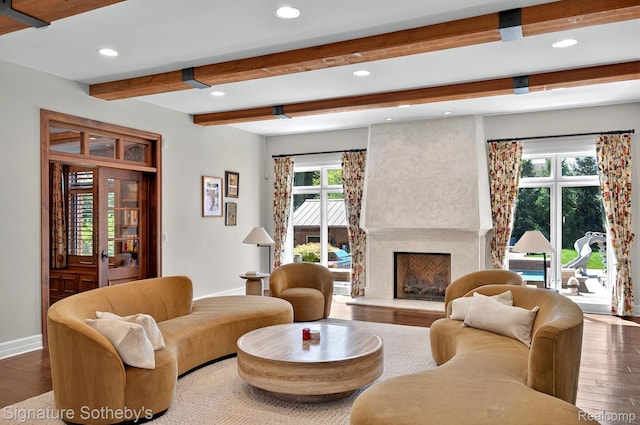 597 Yarboro Dr, Bloomfield Hills, MI 48304 - living area featuring recessed lighting, wood finished floors, beam ceiling, and a premium fireplace