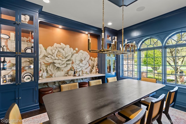 597 Yarboro Dr, Bloomfield Hills, MI 48304 - dining room with a chandelier, wood finished floors, recessed lighting, and crown molding