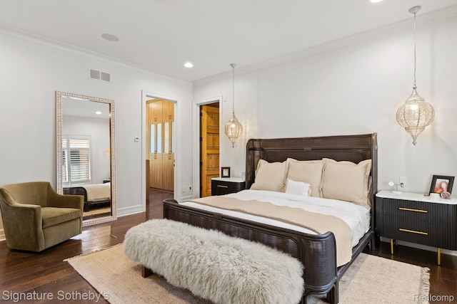 597 Yarboro Dr, Bloomfield Hills, MI 48304 - bedroom with crown molding, dark wood-style floors, and recessed lighting