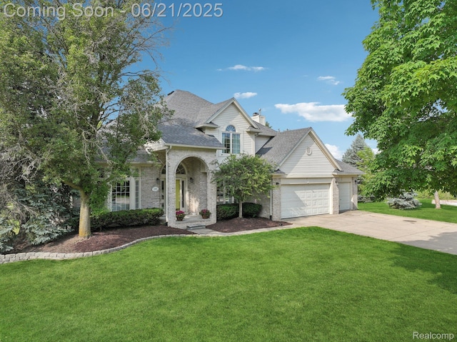 21898 Aspen Ct, Farmington Hills, MI 48335 - traditional home with a front lawn, a garage, concrete driveway, a chimney, and brick siding