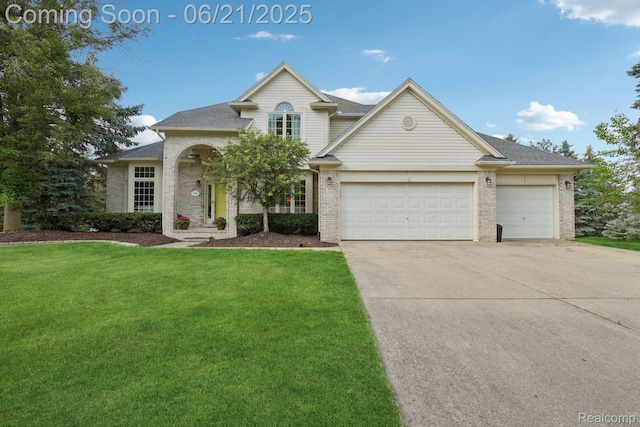 21898 Aspen Ct, Farmington Hills, MI 48335 - traditional-style house with brick siding, concrete driveway, a front lawn, an attached garage, and roof with shingles