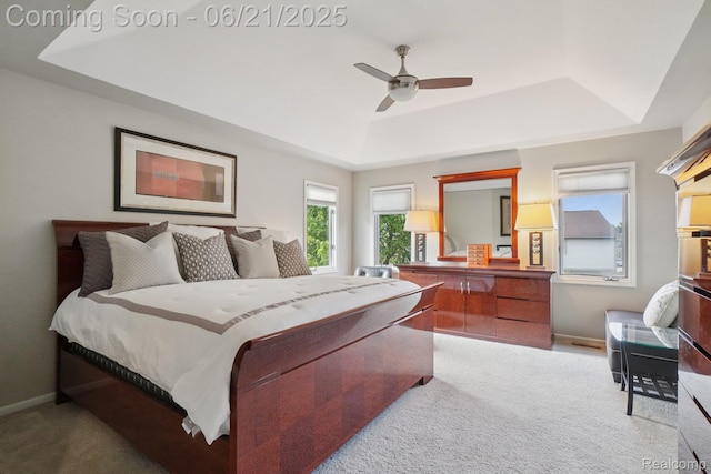 21898 Aspen Ct, Farmington Hills, MI 48335 - bedroom featuring a raised ceiling, carpet flooring, and a ceiling fan