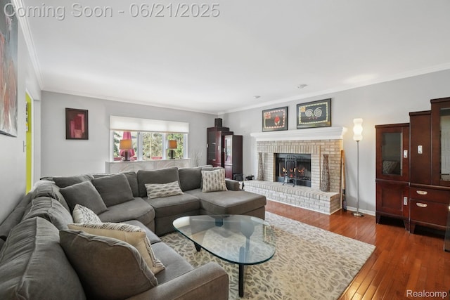 21898 Aspen Ct, Farmington Hills, MI 48335 - living room with crown molding, hardwood / wood-style flooring, and a brick fireplace