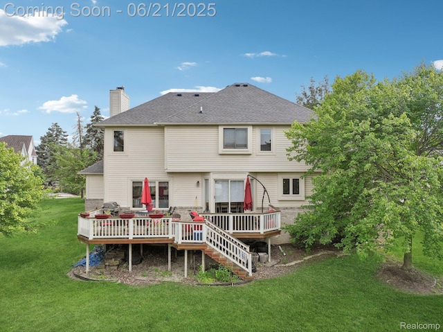 21898 Aspen Ct, Farmington Hills, MI 48335 - back of house with a wooden deck, a lawn, a chimney, and roof with shingles