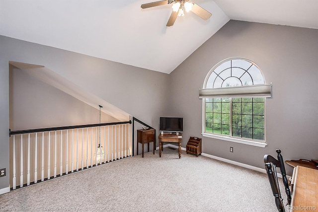 1355 Maxfield Rd, Brighton, MI 48114 - living area with ceiling fan, carpet, and high vaulted ceiling