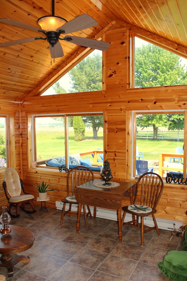 7680 S Warner Ave, Fremont, MI 49412 - dining space with wood walls, wood ceiling, ceiling fan, and high vaulted ceiling