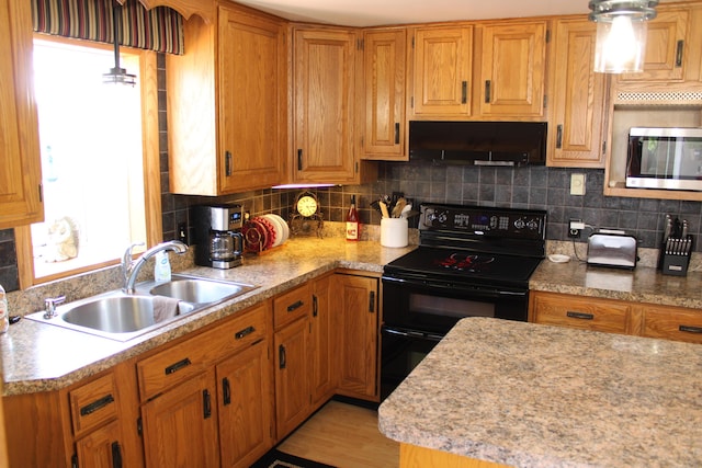 7680 S Warner Ave, Fremont, MI 49412 - kitchen featuring black / electric stove, stainless steel microwave, extractor fan, and plenty of natural light