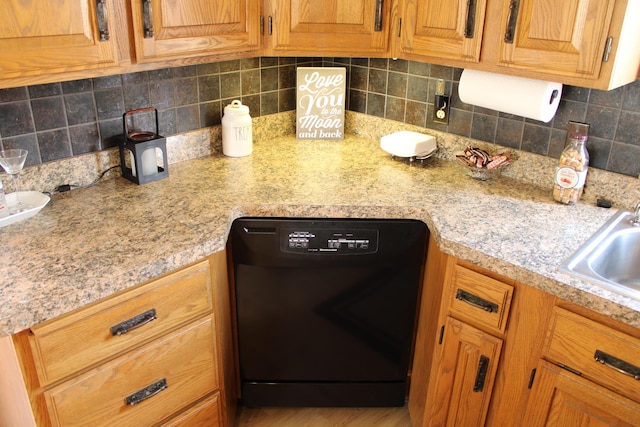 7680 S Warner Ave, Fremont, MI 49412 - kitchen featuring dishwasher, light countertops, decorative backsplash, and brown cabinetry