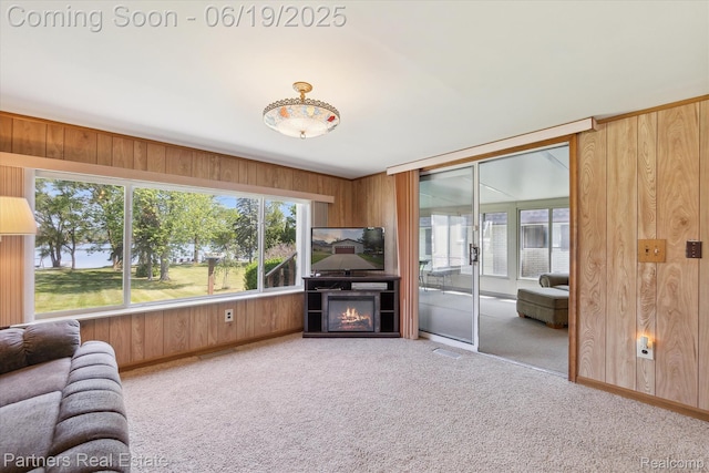 8331 Hilton Rd, Brighton, MI 48114 - carpeted living area featuring wood walls and a warm lit fireplace