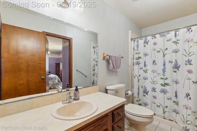 8331 Hilton Rd, Brighton, MI 48114 - ensuite bathroom with vanity, tile patterned floors, and a shower with shower curtain