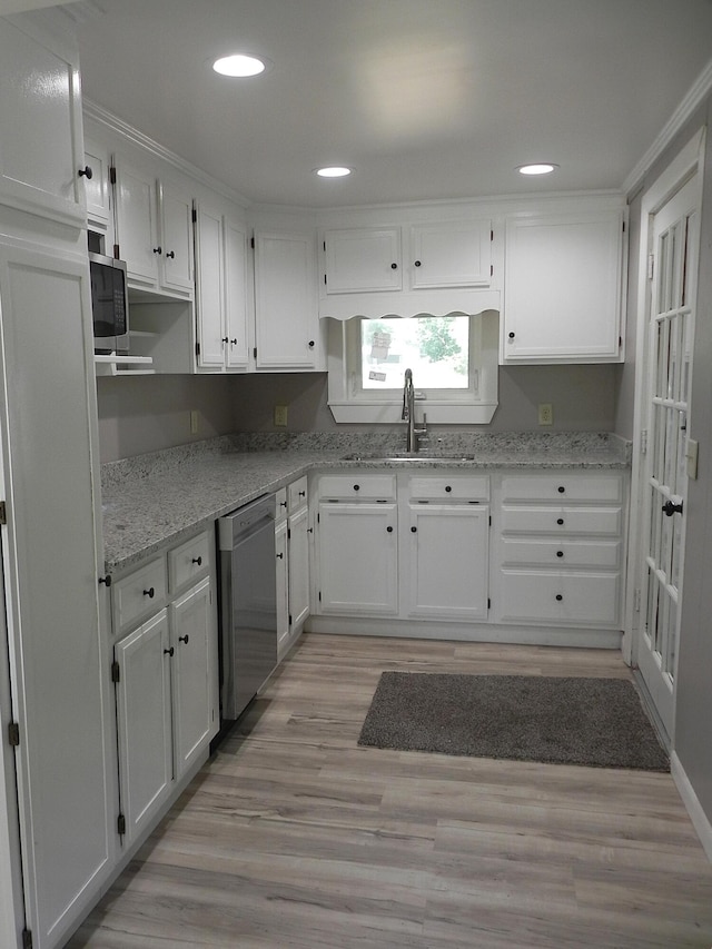 26370 S Shore Dr, Mendon, MI 49072 - kitchen featuring stainless steel appliances, white cabinetry, light wood-style flooring, light stone counters, and recessed lighting