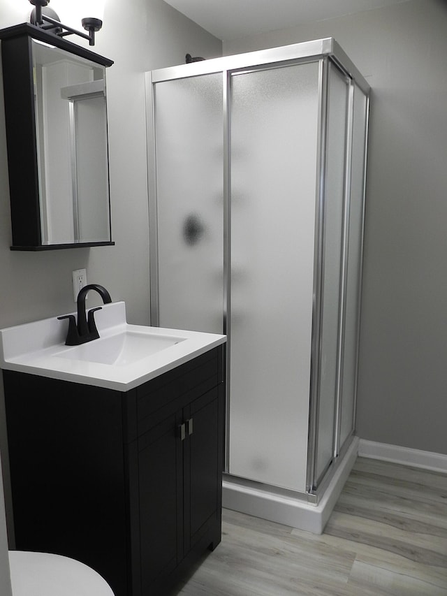 26370 S Shore Dr, Mendon, MI 49072 - bathroom featuring vanity, a shower stall, and wood finished floors