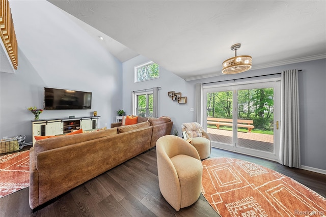 8206 Saint James Ct, Grosse Ile, MI 48138 - living area featuring dark wood-style floors and high vaulted ceiling
