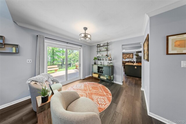 8206 Saint James Ct, Grosse Ile, MI 48138 - living area with ornamental molding, dark wood-style floors, and a chandelier