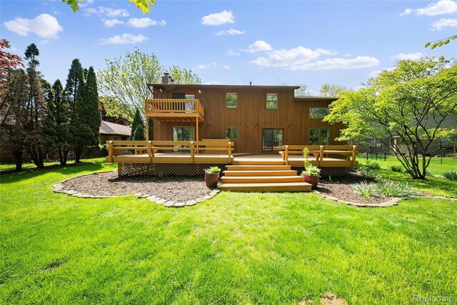8206 Saint James Ct, Grosse Ile, MI 48138 - rear view of house featuring a balcony, a lawn, a deck, and a chimney