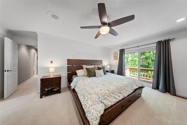 8206 Saint James Ct, Grosse Ile, MI 48138 - bedroom featuring light colored carpet, ornamental molding, ceiling fan, access to outside, and recessed lighting