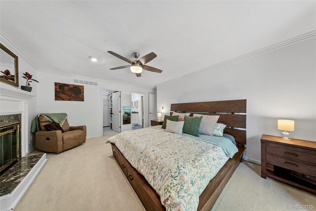 8206 Saint James Ct, Grosse Ile, MI 48138 - bedroom with ornamental molding, a fireplace, ceiling fan, and a spacious closet