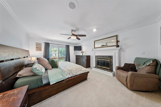 8206 Saint James Ct, Grosse Ile, MI 48138 - bedroom with crown molding, a fireplace, light colored carpet, and a ceiling fan