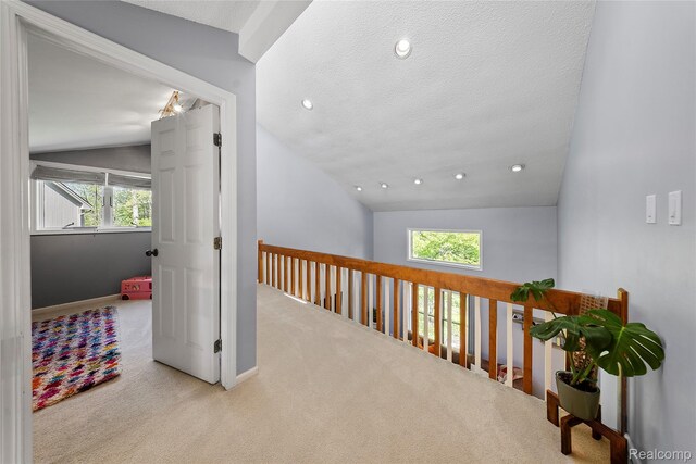 8206 Saint James Ct, Grosse Ile, MI 48138 - corridor with vaulted ceiling, carpet floors, plenty of natural light, recessed lighting, and a textured ceiling