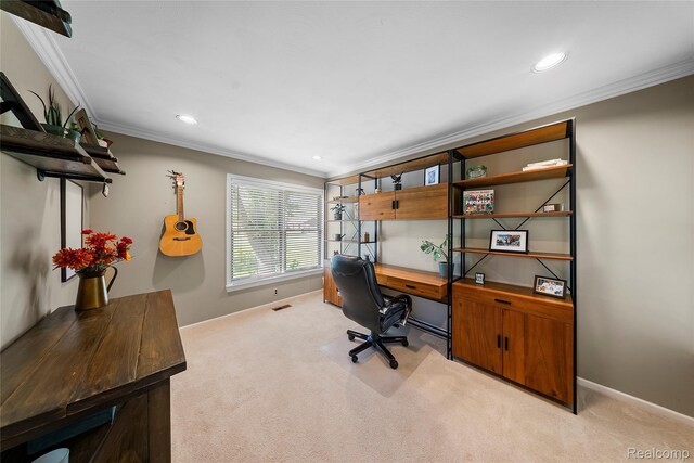 8206 Saint James Ct, Grosse Ile, MI 48138 - office area featuring crown molding, carpet floors, and recessed lighting