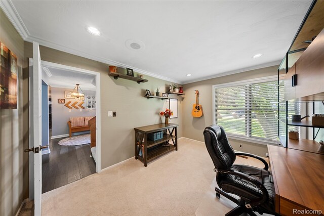8206 Saint James Ct, Grosse Ile, MI 48138 - office area with ornamental molding, a chandelier, carpet flooring, and recessed lighting
