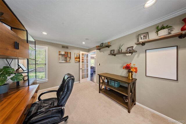 8206 Saint James Ct, Grosse Ile, MI 48138 - home office featuring light colored carpet, ornamental molding, french doors, and recessed lighting