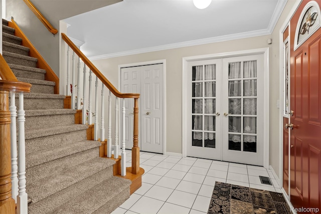 2896 Chippewa Ct, Troy, MI 48085 - foyer entrance featuring stairs, light tile patterned floors, crown molding, and french doors