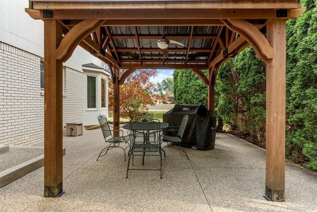 2896 Chippewa Ct, Troy, MI 48085 - view of patio / terrace featuring outdoor dining space, a grill, ceiling fan, and a gazebo