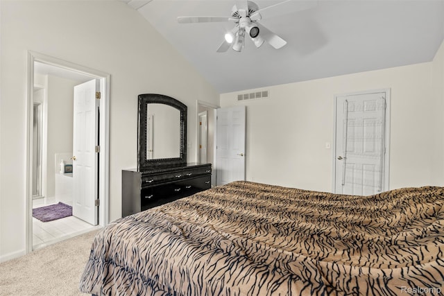 2896 Chippewa Ct, Troy, MI 48085 - carpeted bedroom with lofted ceiling, connected bathroom, and ceiling fan