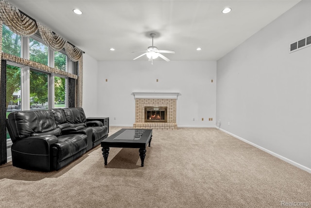 2896 Chippewa Ct, Troy, MI 48085 - carpeted living room with ceiling fan, recessed lighting, and a fireplace