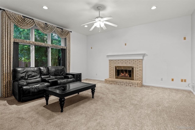 2896 Chippewa Ct, Troy, MI 48085 - living area with light carpet, a ceiling fan, recessed lighting, and a fireplace