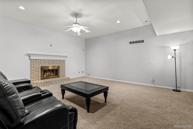 2896 Chippewa Ct, Troy, MI 48085 - living room with ceiling fan, carpet flooring, recessed lighting, and a brick fireplace