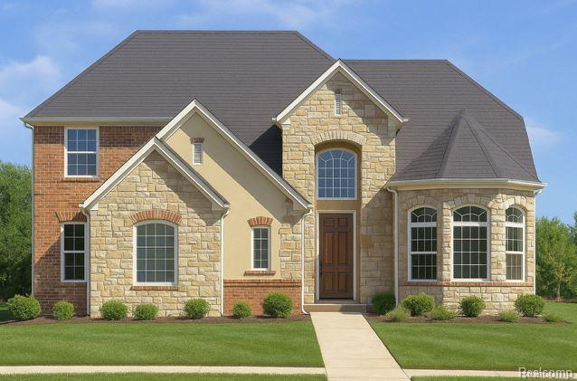 6489 Pond Dr, Washington, MI 48094 - french country home with stone siding and a front lawn
