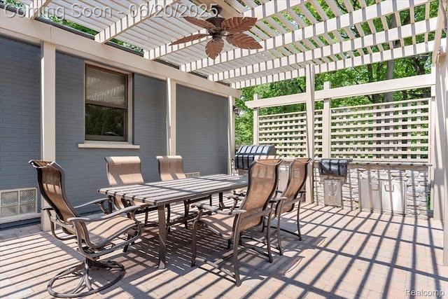21089 Thorofare Rd, Grosse Ile, MI 48138 - view of patio / terrace featuring a pergola, ceiling fan, and outdoor dining space