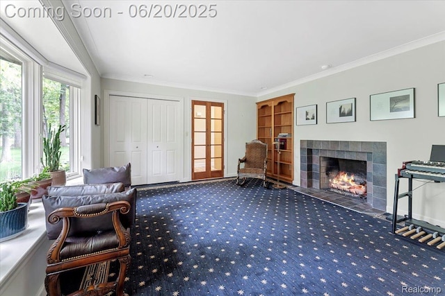 21089 Thorofare Rd, Grosse Ile, MI 48138 - carpeted living area with a fireplace and crown molding