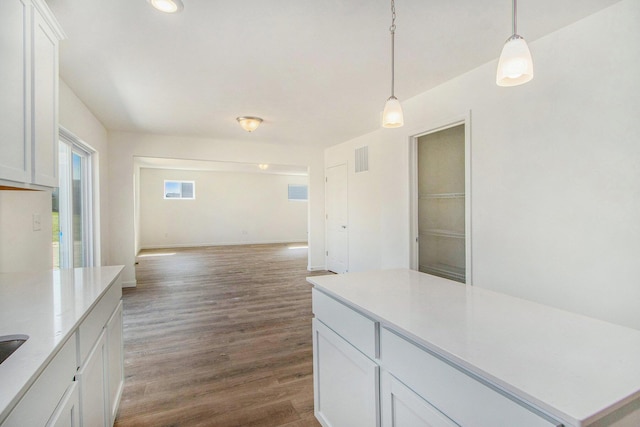 5698 Landrum Trl, Portage, MI 49024 - kitchen with open floor plan, dark wood-style flooring, light countertops, hanging light fixtures, and white cabinetry