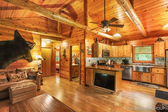 9210/9228 S Star Lake Dr, Baldwin, MI 49304 - kitchen with stainless steel appliances, open floor plan, wooden ceiling, a peninsula, and backsplash