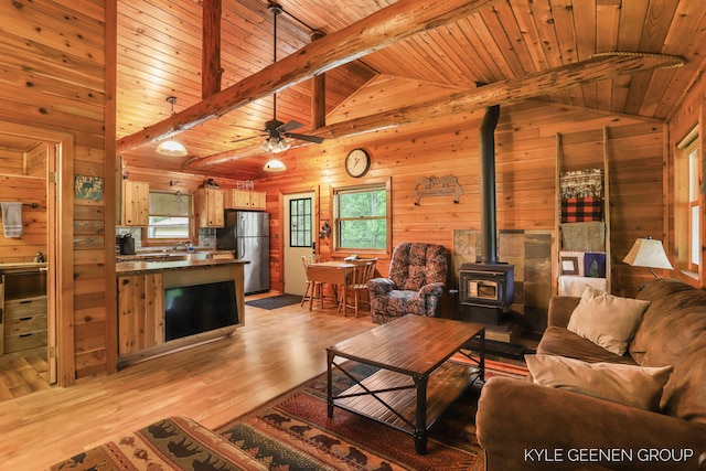 9210/9228 S Star Lake Dr, Baldwin, MI 49304 - living area with wood walls, a wood stove, wooden ceiling, light wood-style floors, and ceiling fan