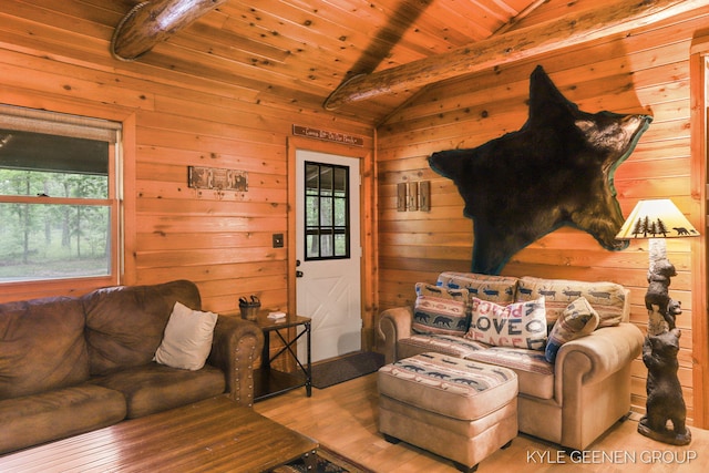 9210/9228 S Star Lake Dr, Baldwin, MI 49304 - living room with wooden ceiling, wood walls, and wood finished floors