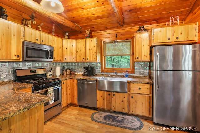 9210/9228 S Star Lake Dr, Baldwin, MI 49304 - kitchen featuring appliances with stainless steel finishes, light wood-style floors, tasteful backsplash, wood ceiling, and dark stone counters