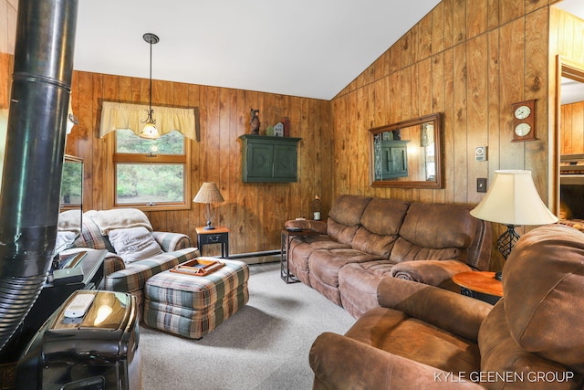 9210/9228 S Star Lake Dr, Baldwin, MI 49304 - living room with wooden walls, carpet, vaulted ceiling, and a baseboard heating unit