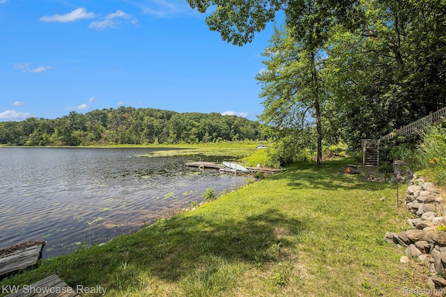 332 Community Dr, Battle Creek, MI 49014 - water view featuring a dock and a forest