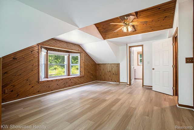 332 Community Dr, Battle Creek, MI 49014 - additional living space with light wood-style flooring, wooden walls, lofted ceiling, and ceiling fan