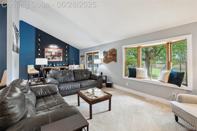 11852 Rathbun Rd, Birch Run, MI 48415 - living room featuring lofted ceiling and light carpet