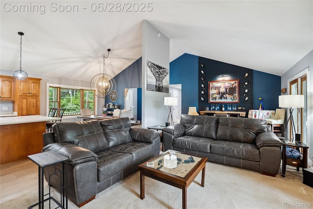 11852 Rathbun Rd, Birch Run, MI 48415 - living room featuring a chandelier and lofted ceiling