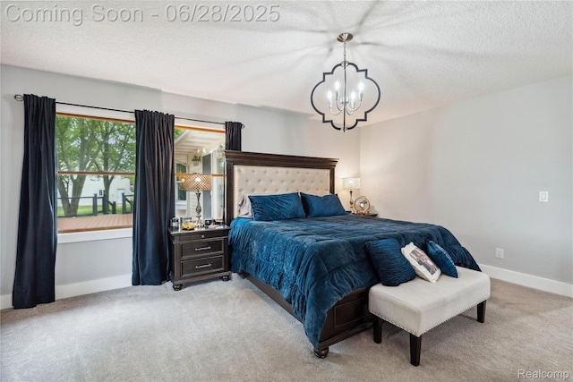 11852 Rathbun Rd, Birch Run, MI 48415 - bedroom featuring a chandelier, light carpet, and a textured ceiling