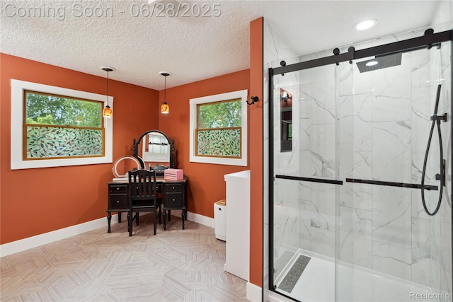 11852 Rathbun Rd, Birch Run, MI 48415 - full bath with a marble finish shower, vanity, recessed lighting, and a textured ceiling