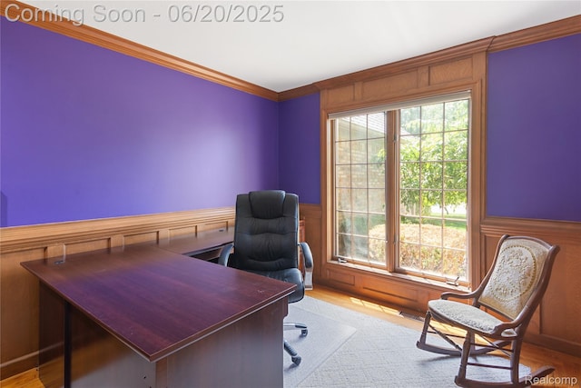 1484 Kings Pointe Rd, Grand Blanc, MI 48439 - home office with crown molding, a wainscoted wall, healthy amount of natural light, and wood finished floors
