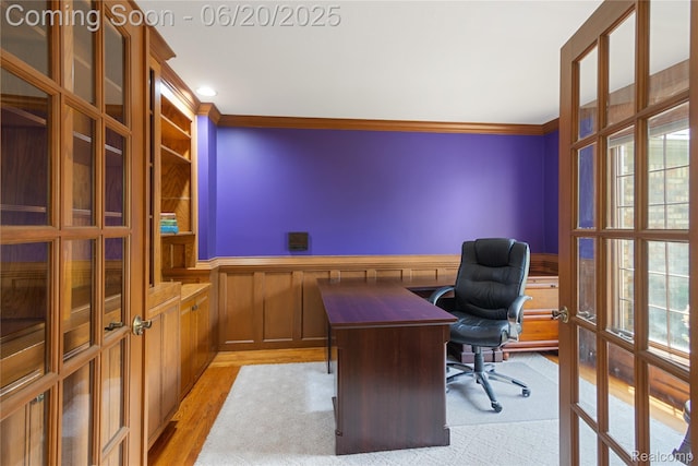 1484 Kings Pointe Rd, Grand Blanc, MI 48439 - home office featuring crown molding, wainscoting, french doors, and light wood-type flooring