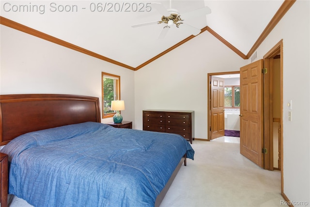1484 Kings Pointe Rd, Grand Blanc, MI 48439 - bedroom featuring crown molding, light carpet, lofted ceiling, and ceiling fan